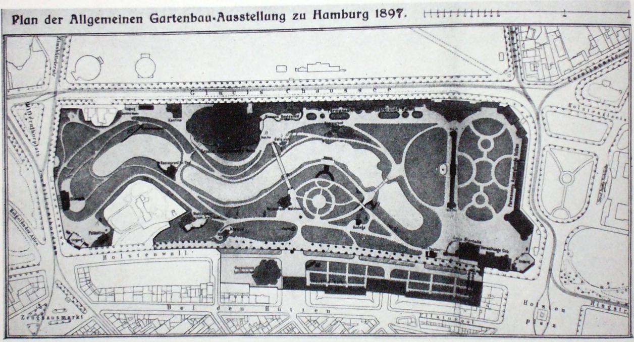 Plan der Allgemeinen Gartenbau-Ausstellung zu Hamburg 1897 aus dem offiziellen Führer. (Archiv Deutsche Gartenbaubibliothek e.V.. Repro aus: Gustav Allinger, Das Hohelied von Gartenkunst und Gartenbau : 150 Jahre Gartenbauausstellungen in Deutschland. Berlin/Hamburg 1963, S. 50)