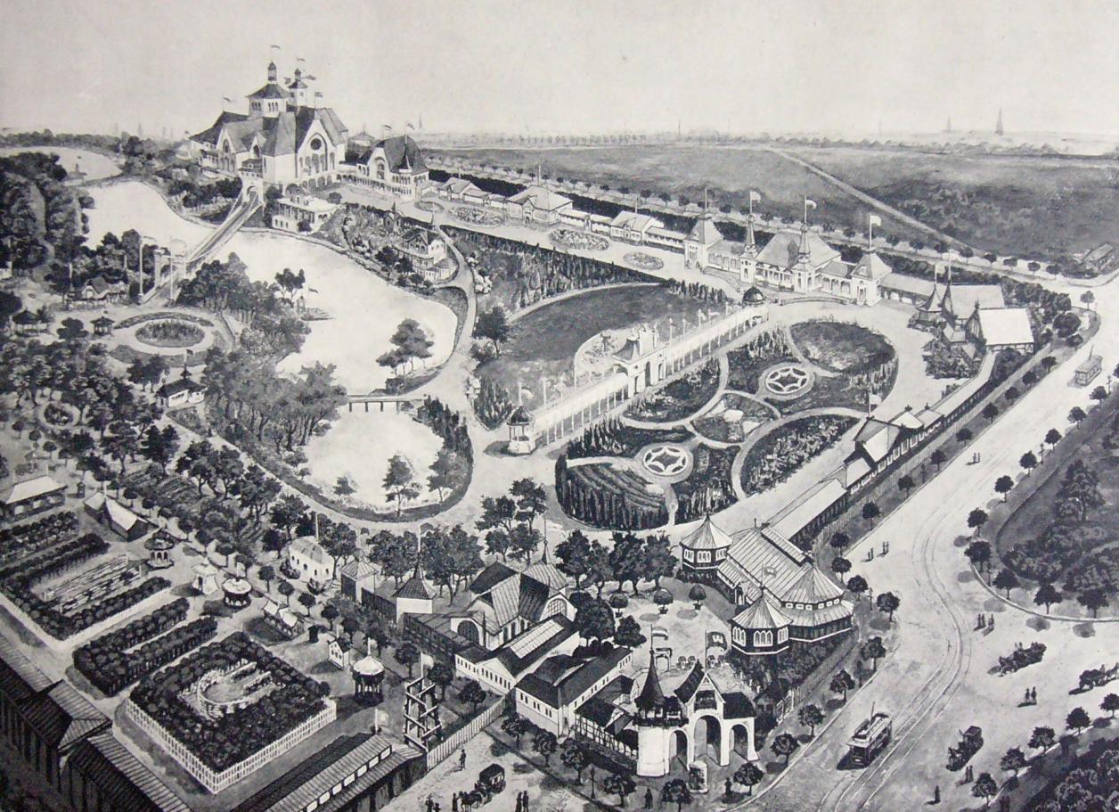 Allgemeine Gartenbau-Ausstellung zu Hamburg 1897: General-Ansicht des Ausstellungs-Platzes (aus: Hamburg’s Allgemeine Gartenbau-Ausstellung im Jahre 1897: Eine Sammlung von Kunstblättern der hervorragensten Gebäude, Parkparthien und ausstellungsobjecte. Nach Original-aufnahmen herausgegeben und reproduciert von J.C.W. Wendt u. C.E.L.Kappelhoff. Hamburg 1897)