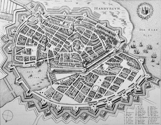 „Hambvrgvm“ von Matthäus Merian dem Älteren. Aus: Merian, Matthäus (1653) Topographia Saxoniae Inferioris, Frankfurt am Main. Via Wikimedia Commons