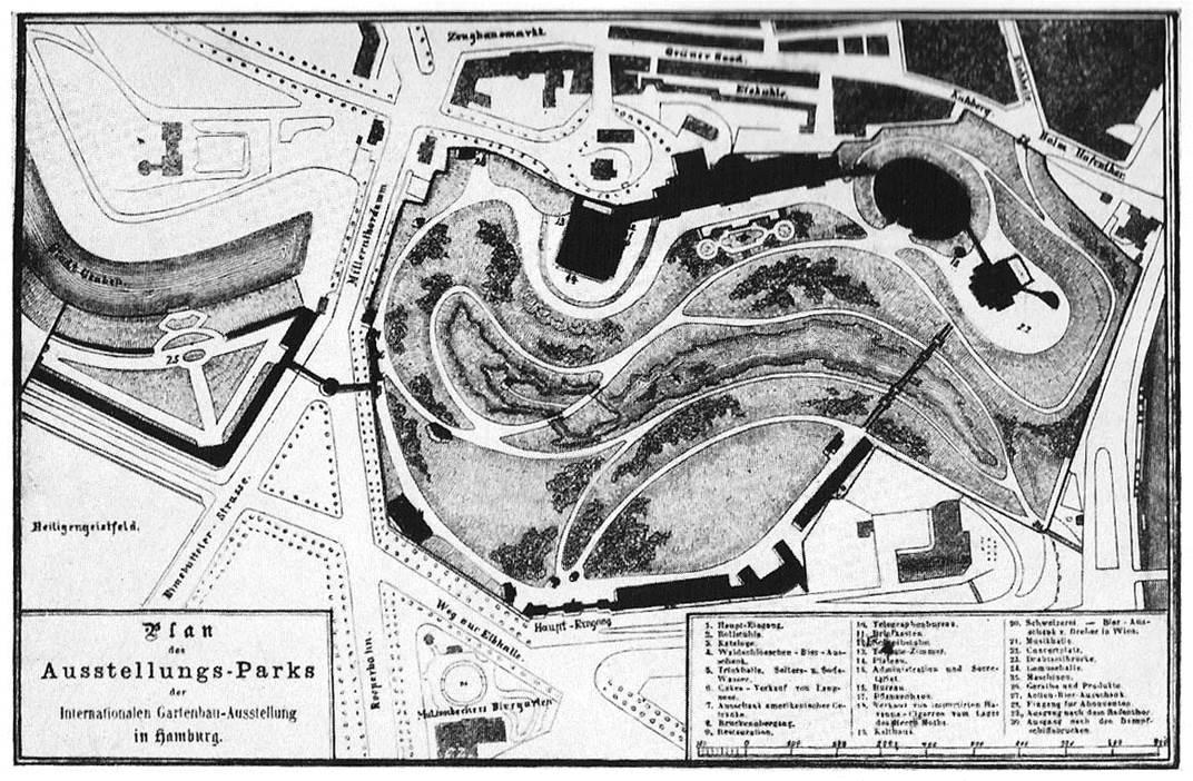 1869, Plan des Ausstellungsparks der Internationalen Gartenbau-Ausstellung in Hamburg (Bildarchiv Museum für Hamburgische Geschichte. Repro aus Gustav Allinger, Das Hohelied von Gartenkunst und Gartenbau : 150 Jahre Gartenbau-Ausstellungen in Deutschland. Berlin/Hamburg 1963, S.34)