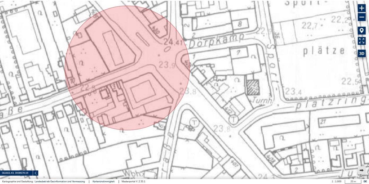 Historische Karte von 1967, alter Straßenverlauf; Quelle: FHH, LGV, www.geoinfo.hamburg.de